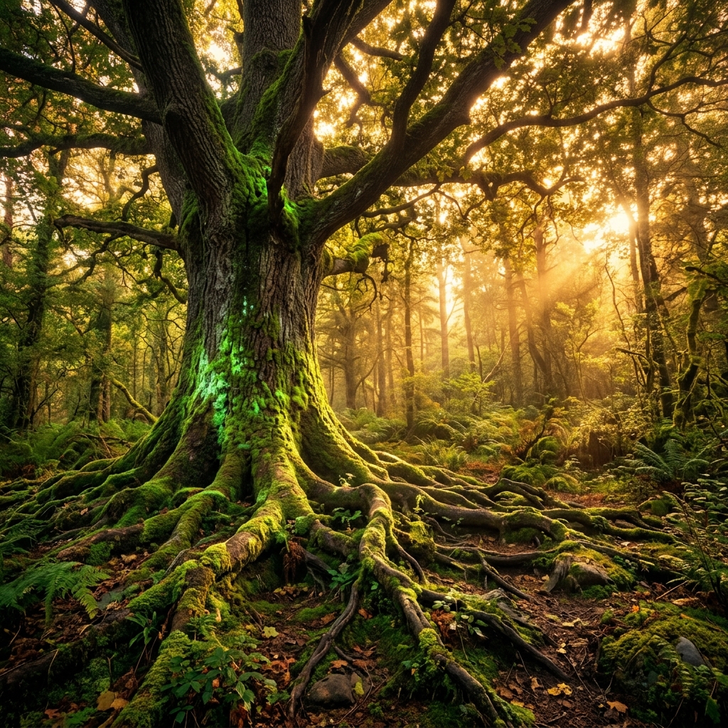 An ancient massive oak tree with glowing green moss covering its trunk and intricate sprawling roots in a deep pristine old-growth woodland, epic golden hour lighting, nature core aesthetic, no people
